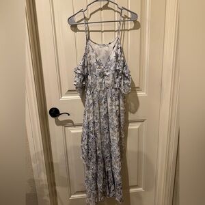 Mango Blue and White Floral Off Shoulder Maxi Dress